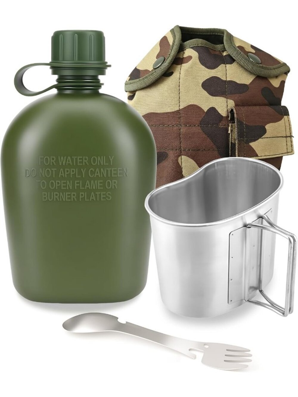 WWII Style Military Canteen Kit - 1 Quart Water Bottle, Aluminum Cup & Spork for